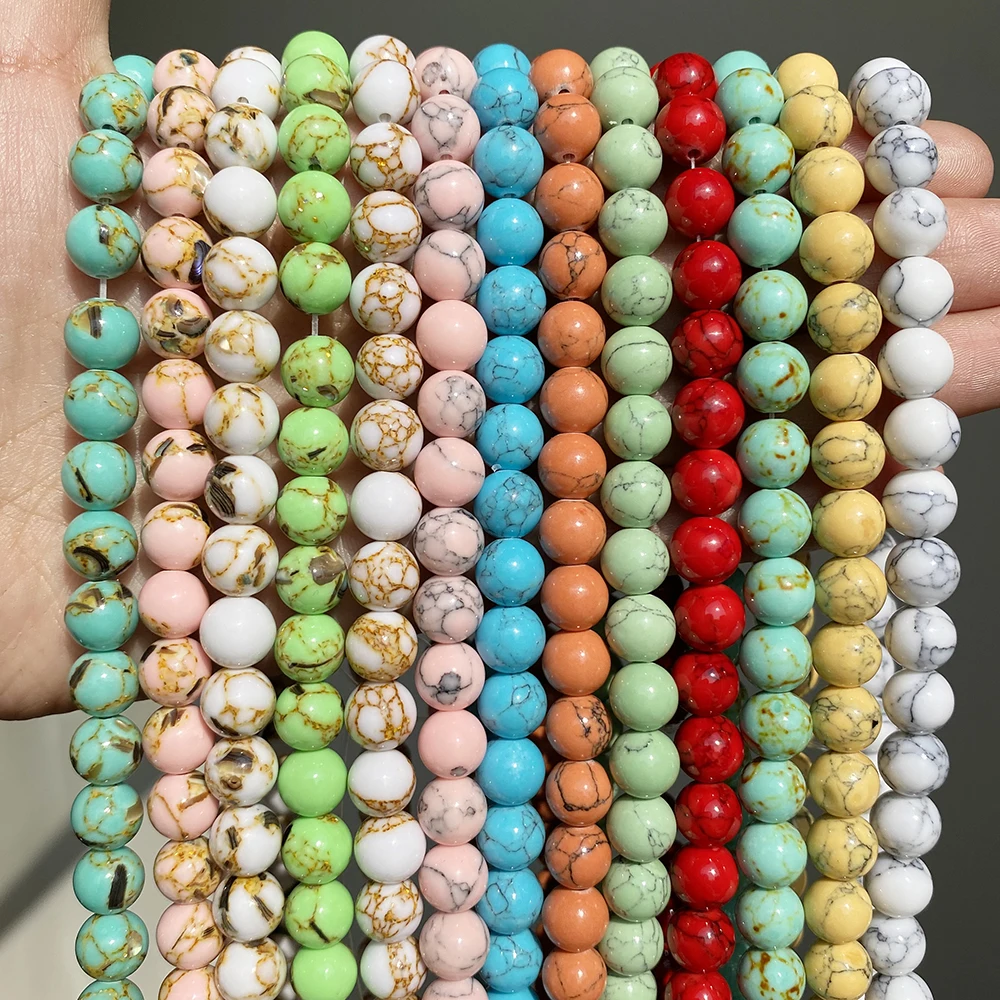Wholesale Round White/Black/Blue Golden Lace Howlite/Shell Turquoise Beads for Jewelry Making DIY Bracelet