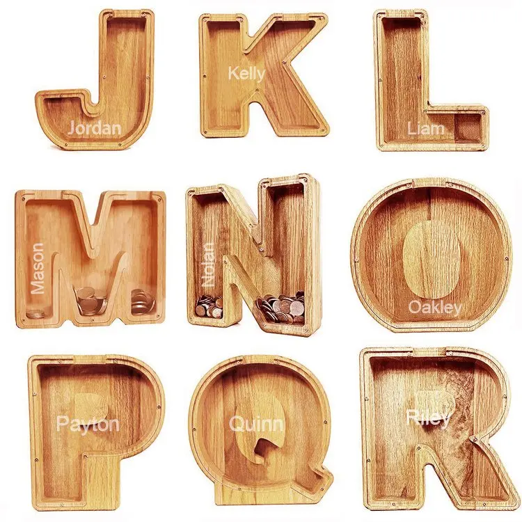 A-Z Letter Wooden Piggy Banks,Engraved Name On Acrylic Saving Money Boxes