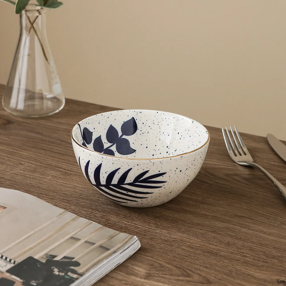 Chinese Leaves Pattern Cereal Bowl Porcelain Golden Line Small Ceramic Bowls for Crackers, Fruits, Brie and Meat