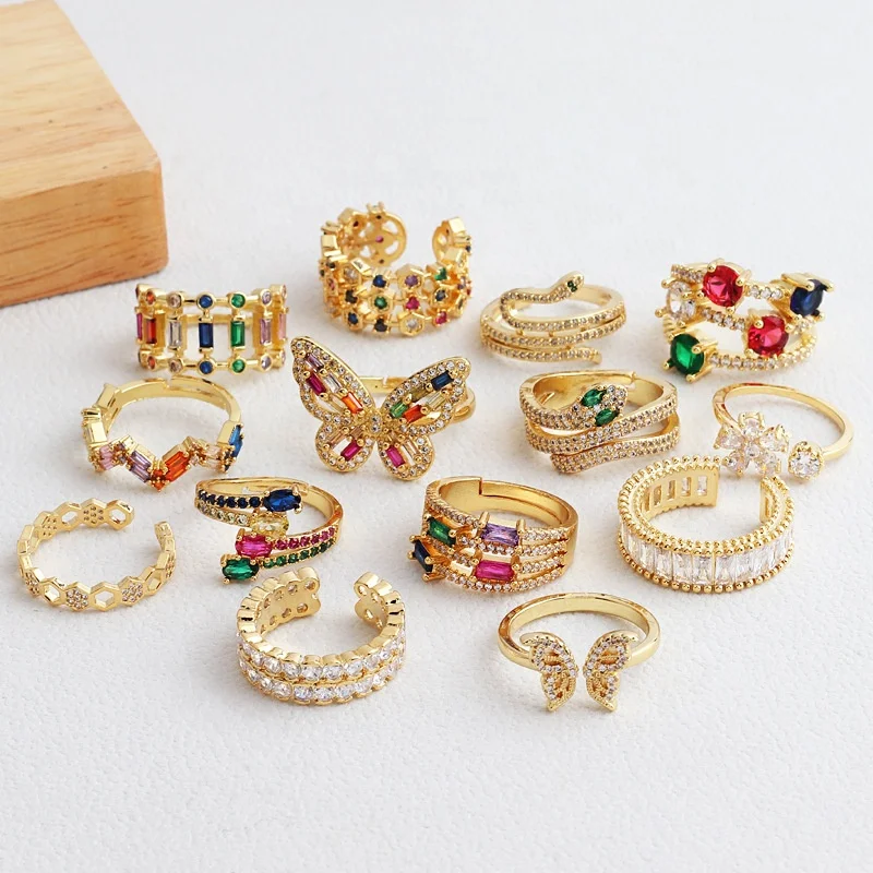 18K Gold Plated Cubic Zirconia Rings Adjustable Open Shiny Rainbow CZ zircon Stone Paved Stackable Eternity Wedding Band Ring