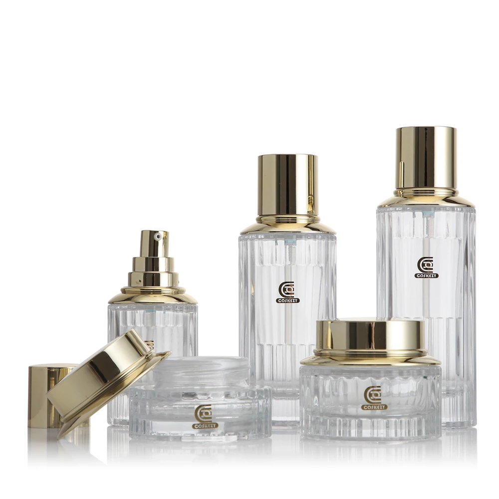 Luxury 40ml 60ml Clear Glass Cosmetic Cream Jars with Gold Lid Empty Face Eye Cream Packaging Plastic Cap for Skin Care Serum