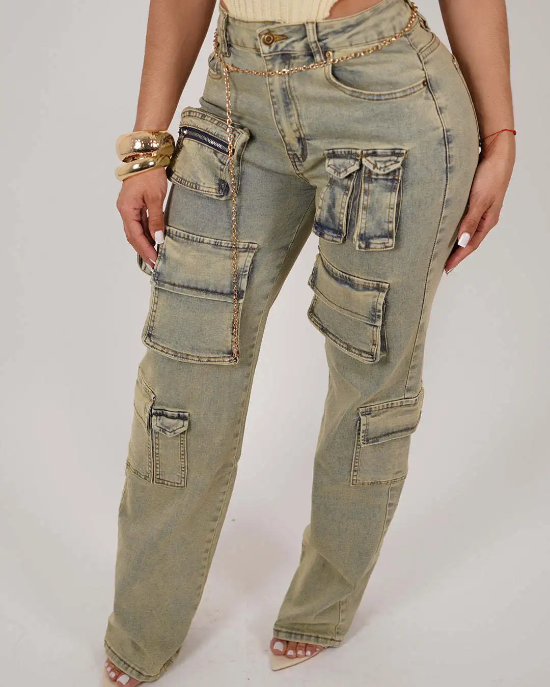 Top Fashion Pockets Washed Champagne Color Wide Leg Denim Casual Cargo Ladies Cargo Pants Jeans