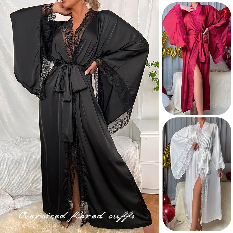 Custom Luxury Lace Edge Soft Satin Woman Robe Satin Lace Pajamas Mature Women Satin Sleepwear Nightwear