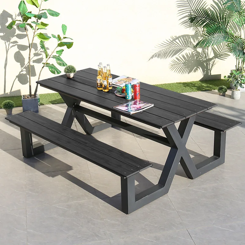 Outdoor restaurant park furniture dining set table with bench metal leg plastic wood table top fast producing