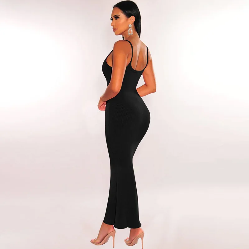B27535 - modern rib knit sleeveless plain halter simple bodycon casual long dresses for women