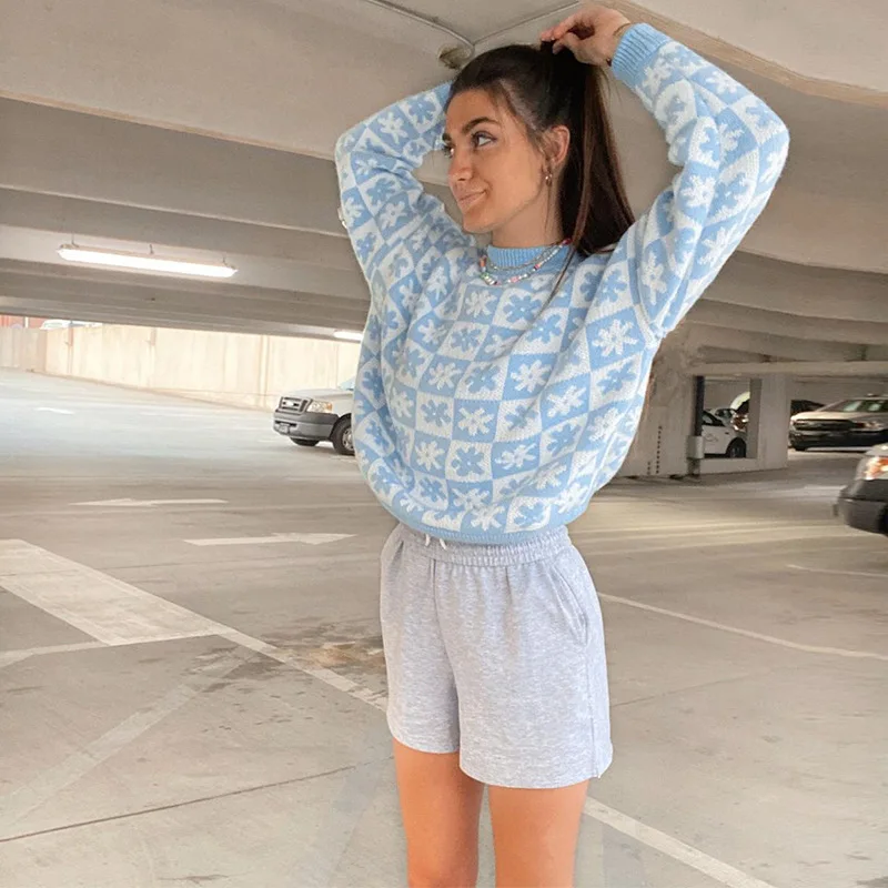Latest Clothing Flowers Checkerboard Crewneck Sweater In Coziest Yarn