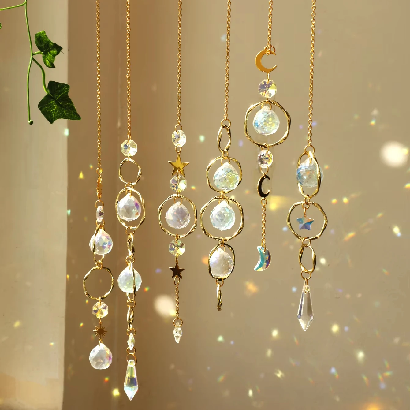 Boho Sun Catcher Hanging Ornaments Handmade Crystal Sun Catchers with Gold Chain for Window Wall or Garden Decor Wind Chimes