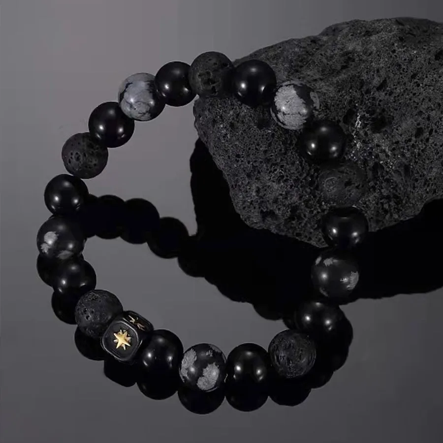 Fashion Natural 10MM Black Lava Stone Alabaster Single Layer Beads Star Charm Beaded Bracelets For Men