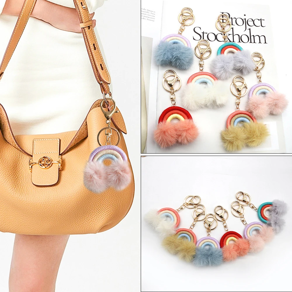 Plush Pom Keychain Metal Keychain Rainbow Hot Sale Wholesale Fashion Shape Handwoven Cotton Gift Customized Logo Silicone Alloy