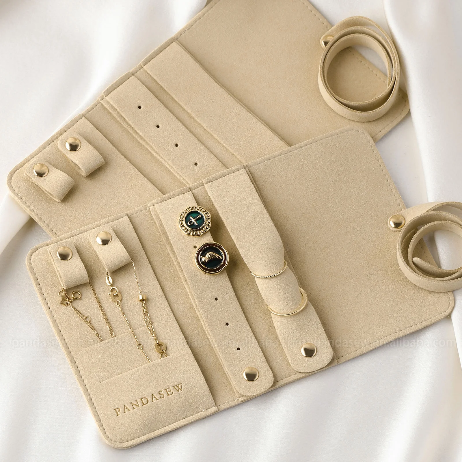 PandaSew custom logo multi-functional microfiber travel roll pouch jewelry organizer for Rings Necklaces Earrings Bracelets