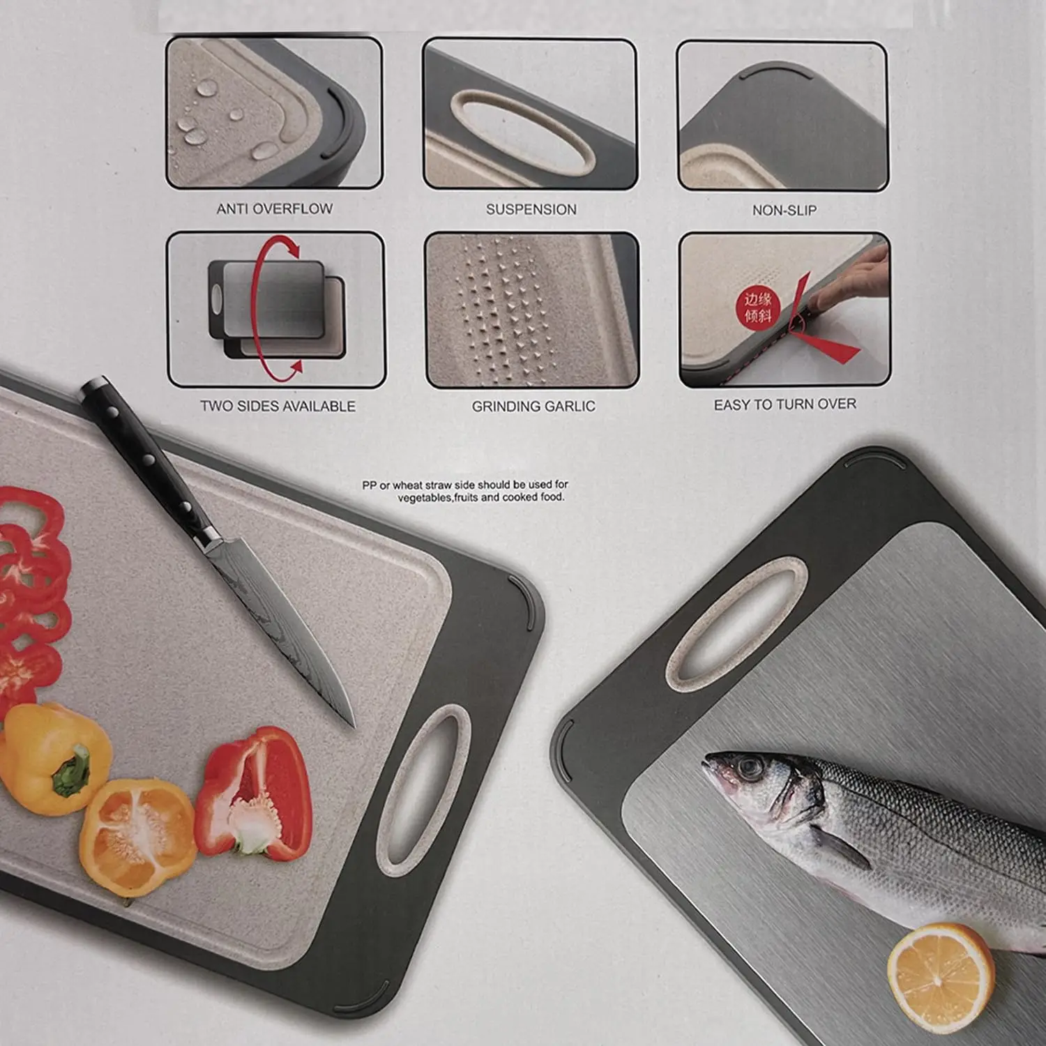 OMGO Double Sided Large 304 Stainless Steel Chopping Board Food-Grade Stainless Steel & Wheat Straw PP Cutting Board
