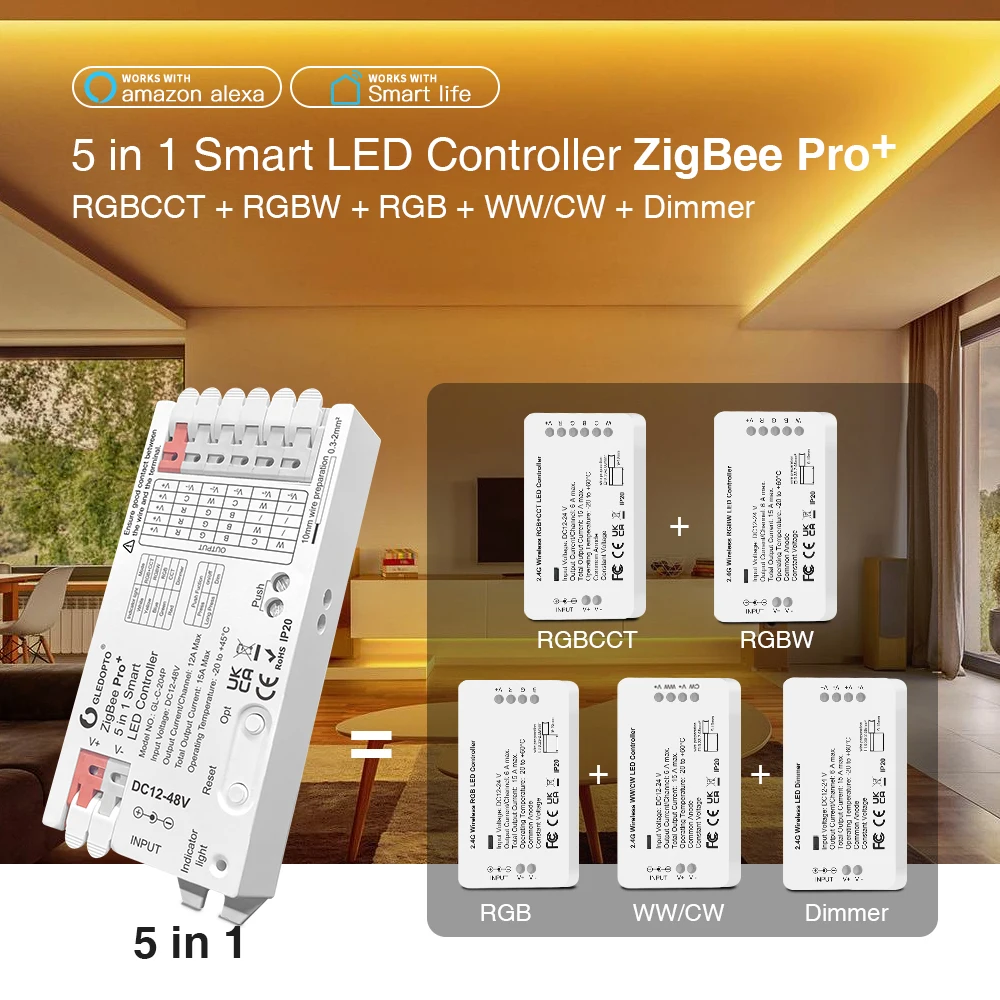 Zigbee pro + умный светодиодный контроллер 5 в 1 DC12-48V 2 4 г RF работает с RGBCCT RGBW RGB CCT и одноцветными полосками