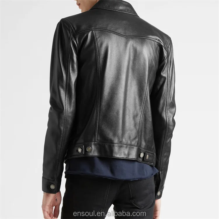 OEM Factory casual black custom logo button leather jacket for men