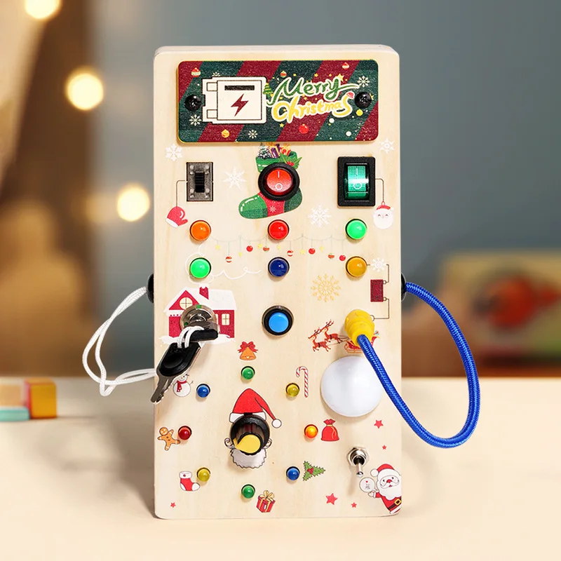 2023 CPC Chsirtmas Montessori Toddler  8 LED Light switches Sensory travel toys Baby Wooden Busy Board for kids