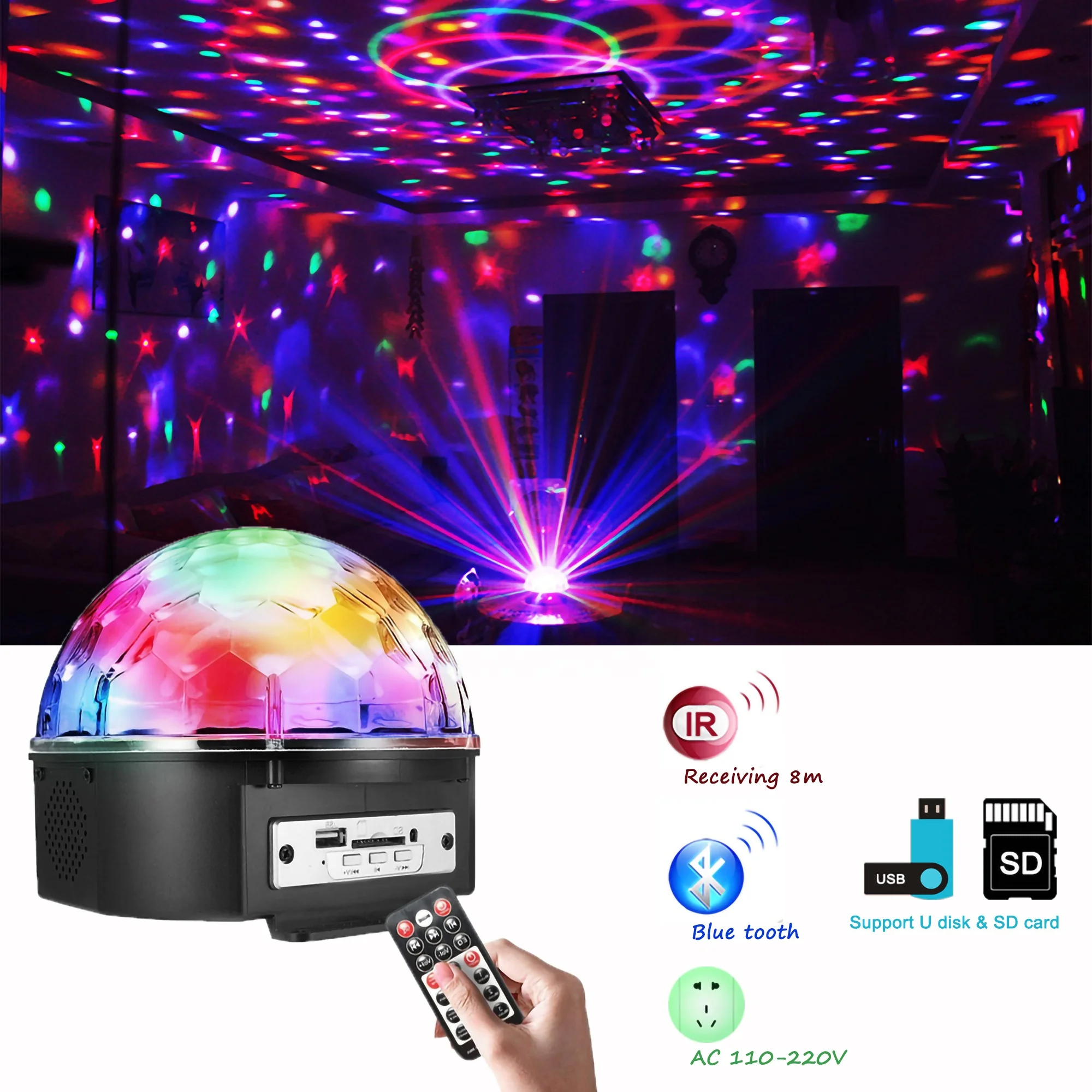 LED 6 Colors MP3 Music Crystal Magical Ball Stage Effect Light with USB Disk Remote Control Party DJ Light