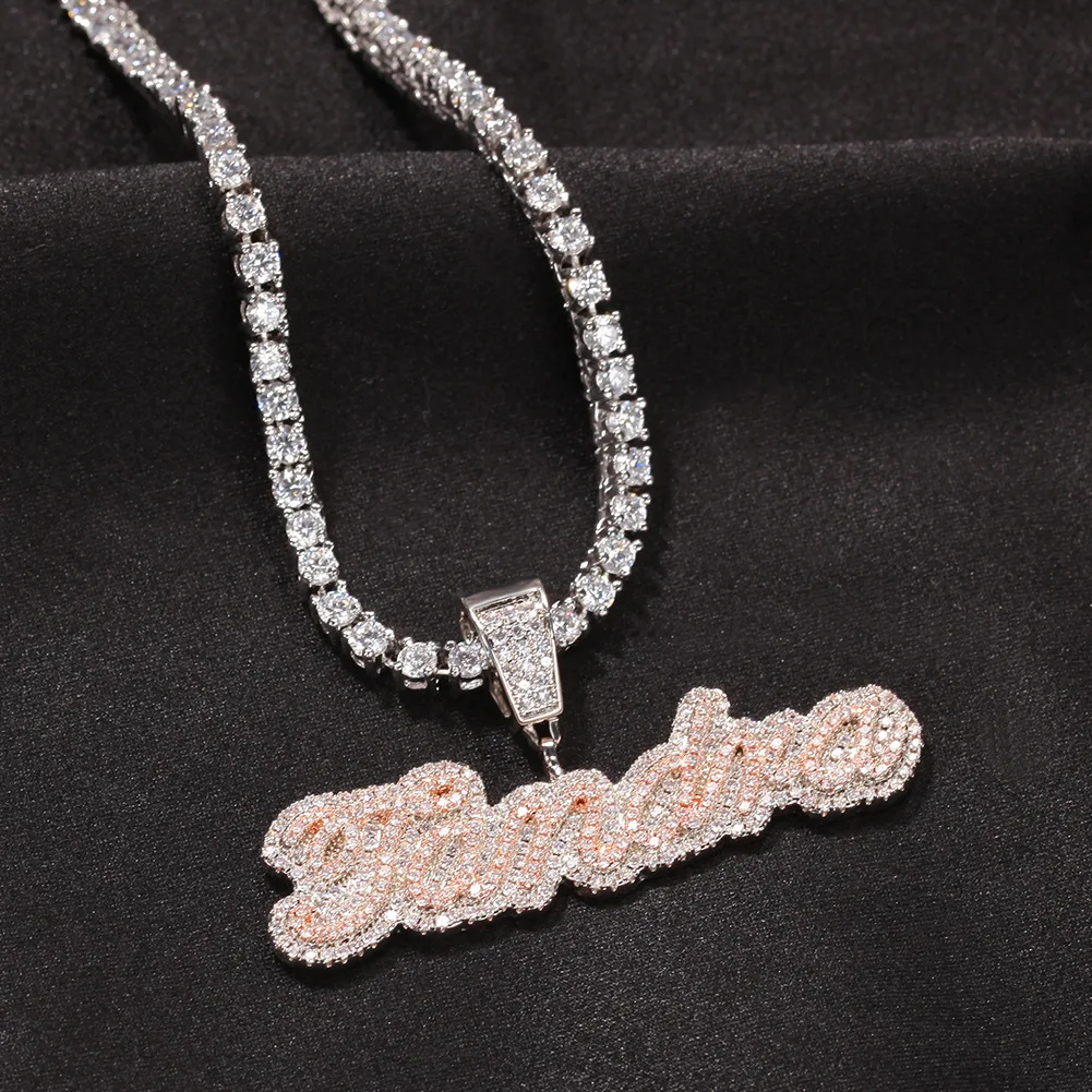 Fashion Hip hop Jewelry Bling Bling Iced Out Cuban Chain Name Necklace Custom Cursive font Personalized Letter pendant