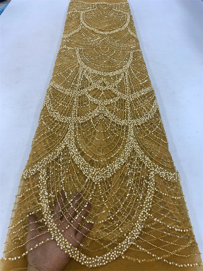 Bridal lace fabric beaded luxury wedding lace fabric high quality lace fabric with beads and pearl