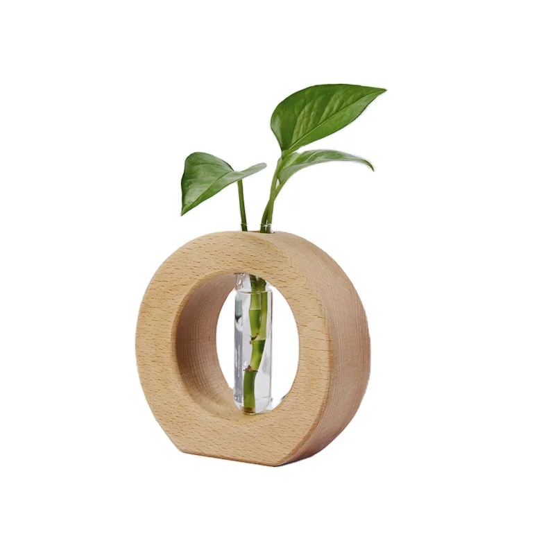 Nordic Desktop Glass Flower Pot Glass Test Tube Vase with Retro Solid Wood Stand