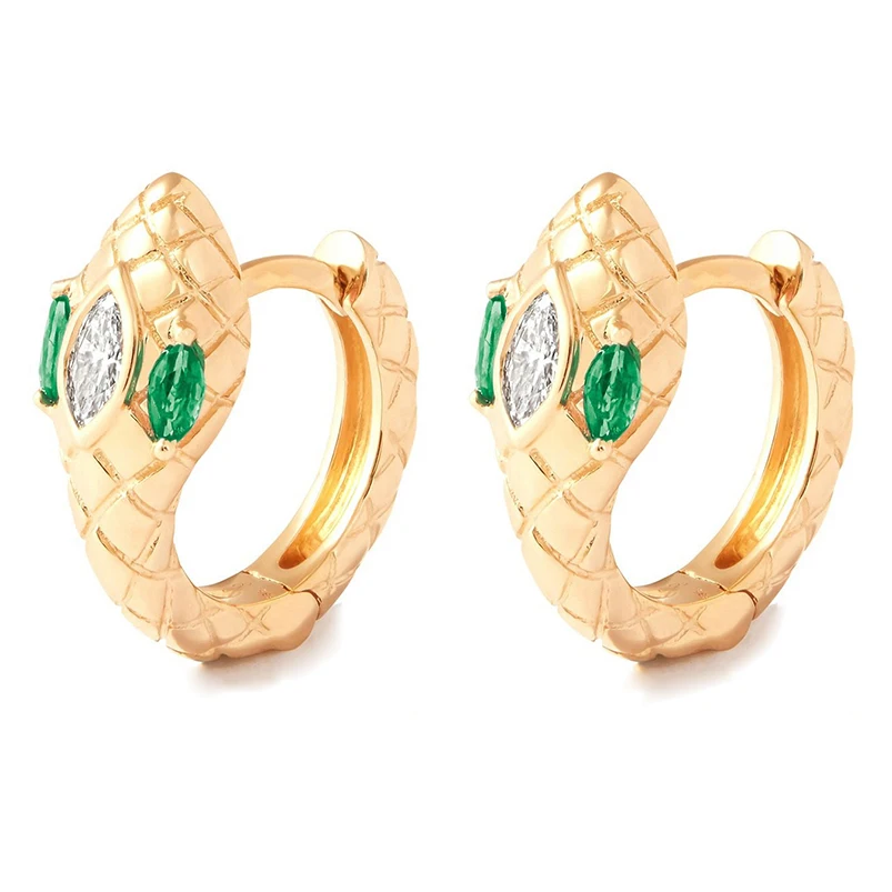 Gemnel hot selling 925 silver 14k gold emerald eyes pave diamond snake huggie animal hoop earrings