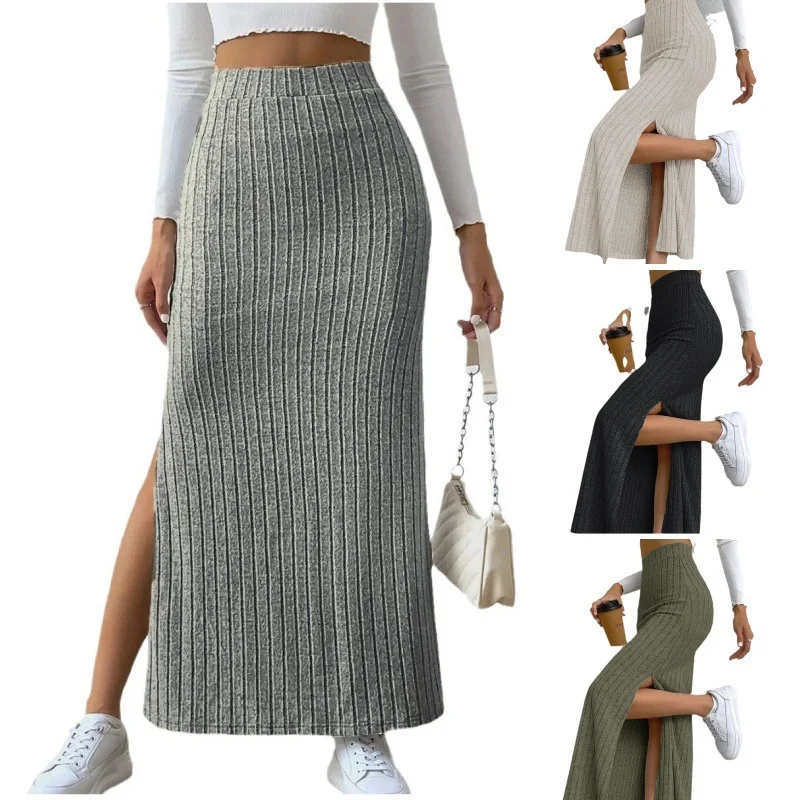 2024 Autumn Winter Women High Waist Sexy Slim Side Slit Skirt Elegant Warm Long Skirts Fashion Sweater Knitted Half Length Skirt