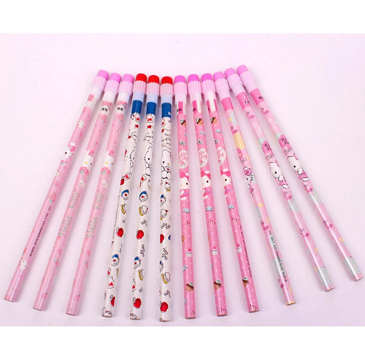 wholesale promotional cheap sharpened eraser top wooden pencils hb lead cartoon art colored pattern pencil for gifts