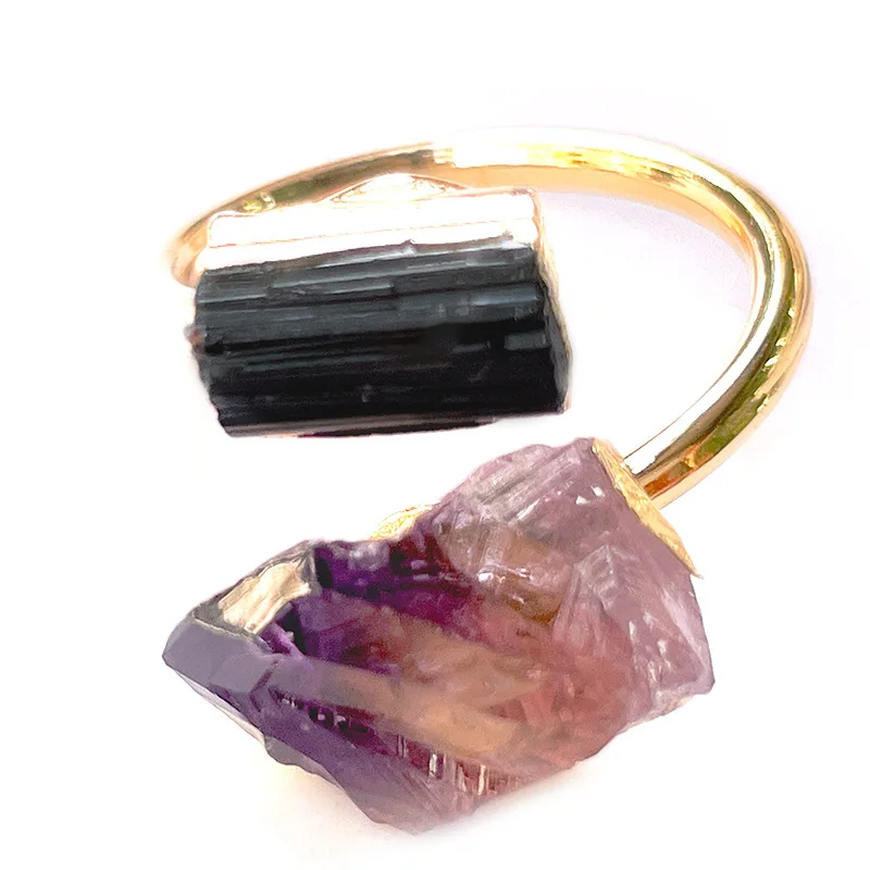 Wholesale Natural Stone Gold-plated Ring Irregular Tourmaline Crystal Ring Amethyst Jewelry