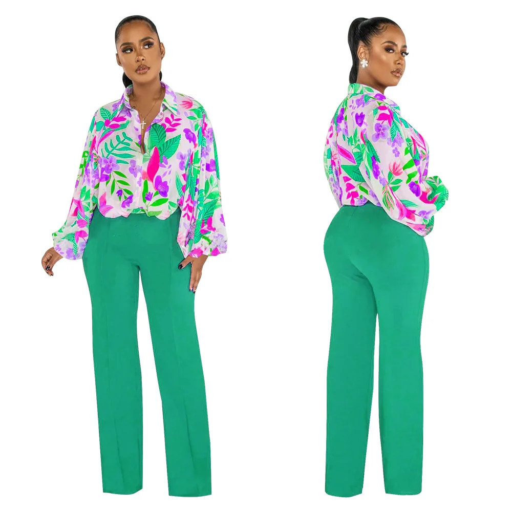 J&H 2023 spring fall fashion printed shirts and blazer pants ladies chiffon top slim fit long sleeve causal outfits