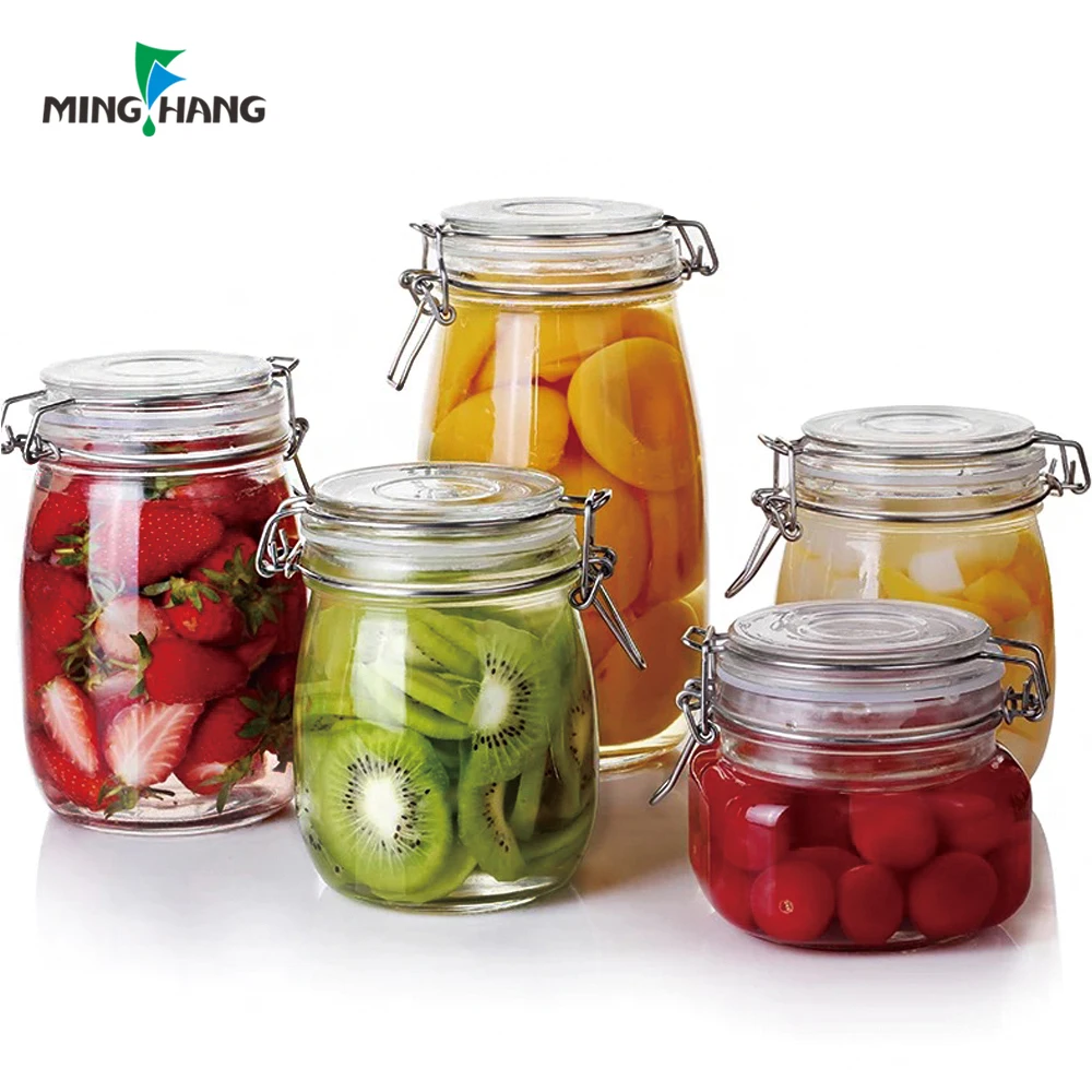 Empty 250ml 500ml 750Ml 1L Airtight Clamp Clip Lid Food Storage Glass Mason Jars With Flip Top Lid