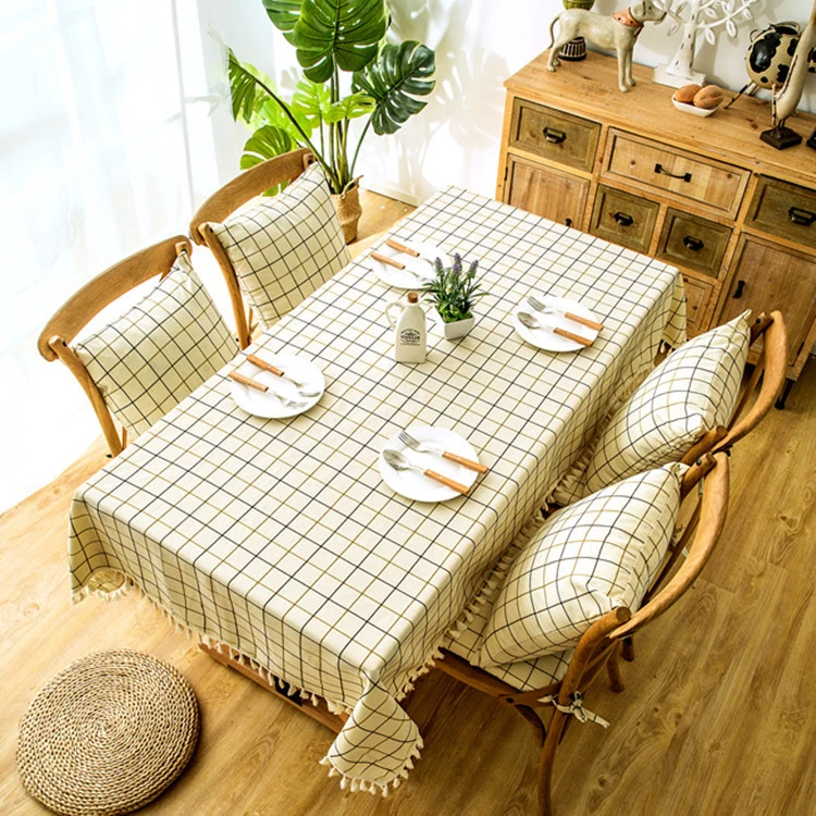 nordic tassel  rectangle dinning table blue linen lattice tablecloth jacquard non woven fabric stripes cotton table cloth