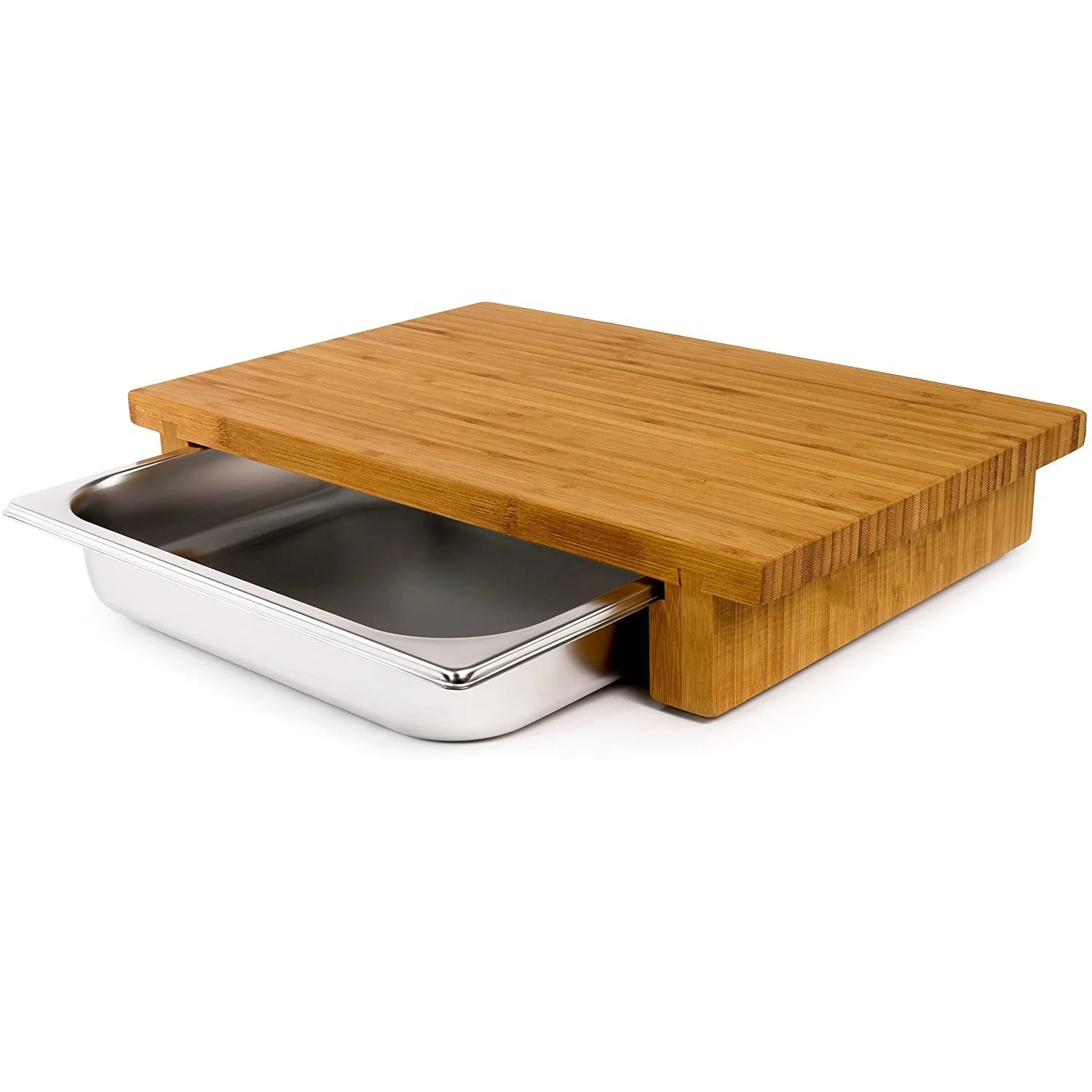 Food Grade Kitchen Wood Bamboo Cutting Board with Stainless Steel Sliding Containers Trays
