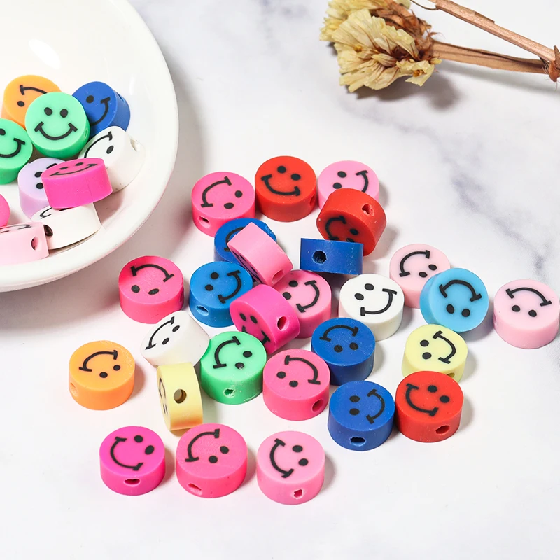 50pcs/bag Flat Round Smiley Face Beads Polymer Clay Beads Loose Spacer Beads for DIY Jewelry Making