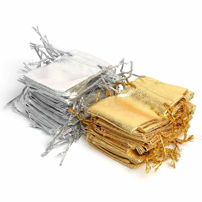 Small Gold Silver Metallic Drawstring Bag Jewelry Gift  Wedding Candy Packing Bag Organza Drawstring Bag