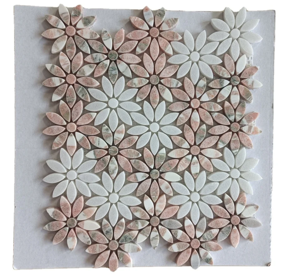 Green-Pink-White Mosaic Flower Waterjet Pattern Marble Mosaic for Backsplash Kitchen Tiles
