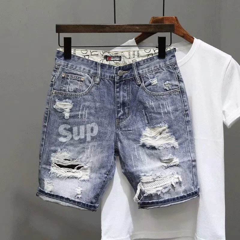 High Quality Men Summer Jean Shorts High Street Vintage Loose Fit Distressed Washed Ripped Men Denim Shorts