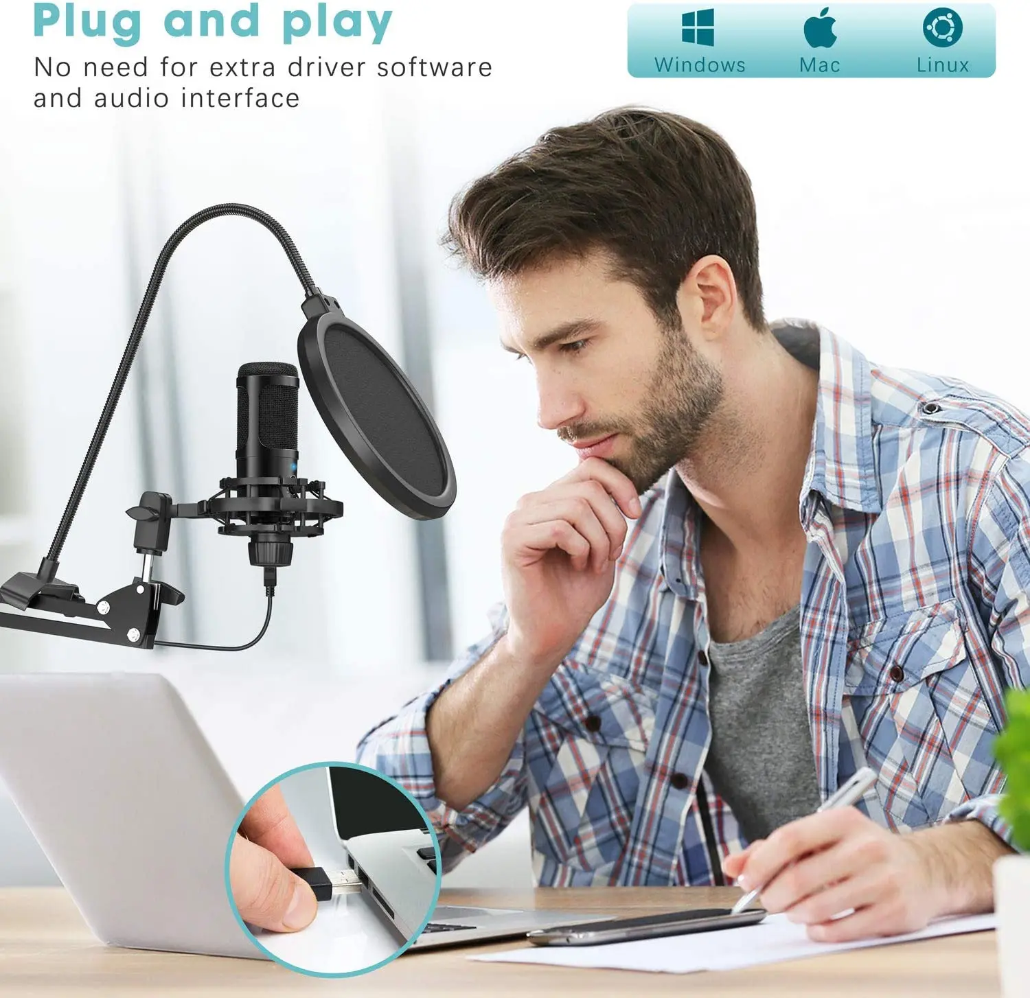  Комплект микрофона USB для компьютера профессиональный конденсаторный микрофон с регулируемой подставкой