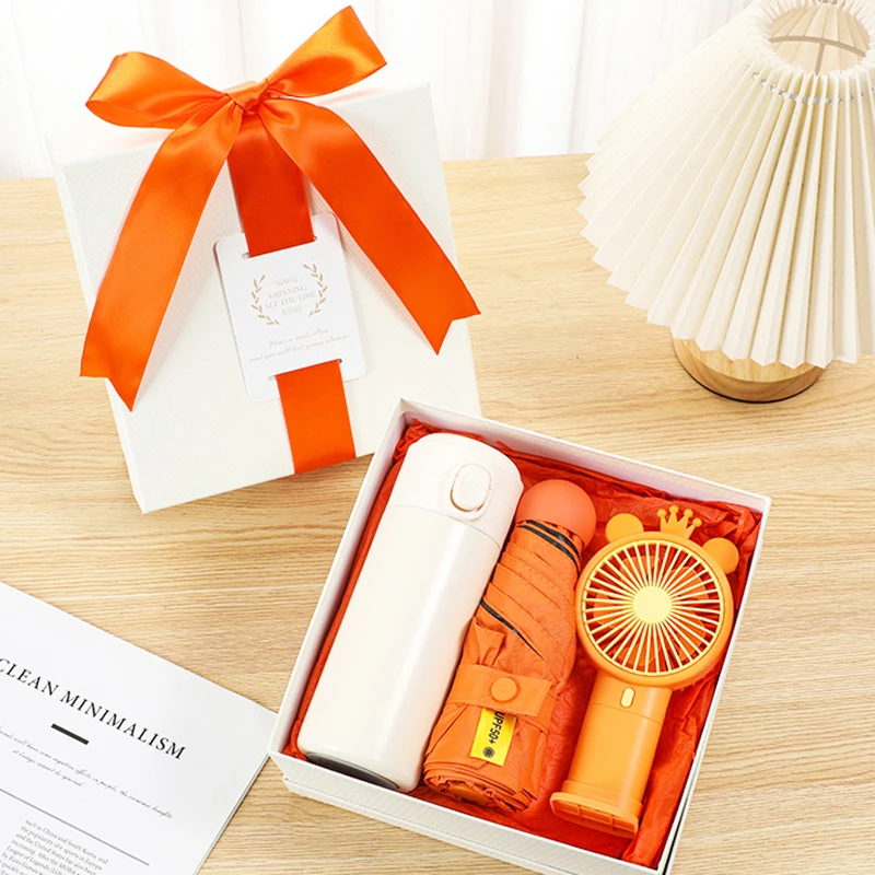 3 in 1 2024 New Product Ideas Vacuum Cup Mug USB Fan Umbrella Towel Gift Set Mini Fan Gift Set