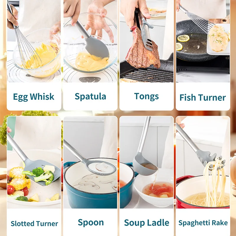 8 PCS Wholesale Multi-Functional Stainless Steel Kitchen Utensil Silicone Cooking Shovel Tool Sets