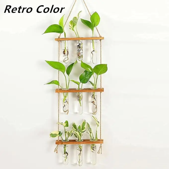 Hanging Propagation Station for Plants 3 Levels Wall Planter Glass Test Tube Vases for Flowers with Wooden Shelf