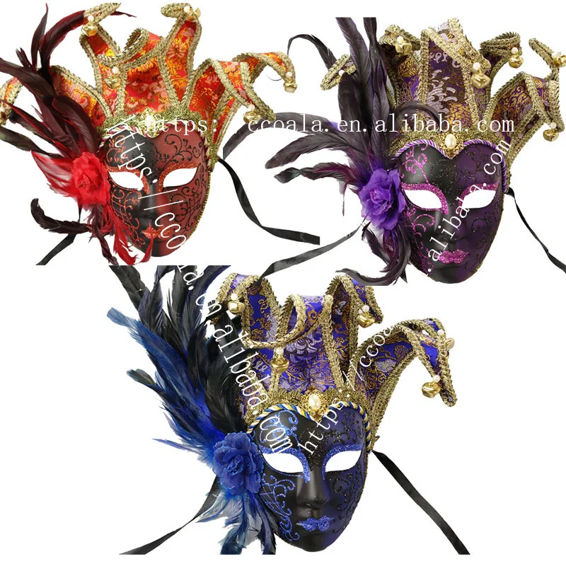 Big Plastic Venetian Jester Mask With Rooster Feather & Flower On Side
