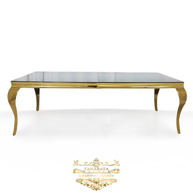 
Romantic glass top wedding hall gold stainless steel wedding table 