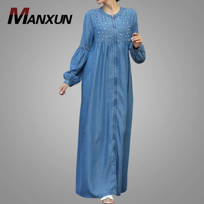 Джинсовое мусульманское платье с буффами на рукавах