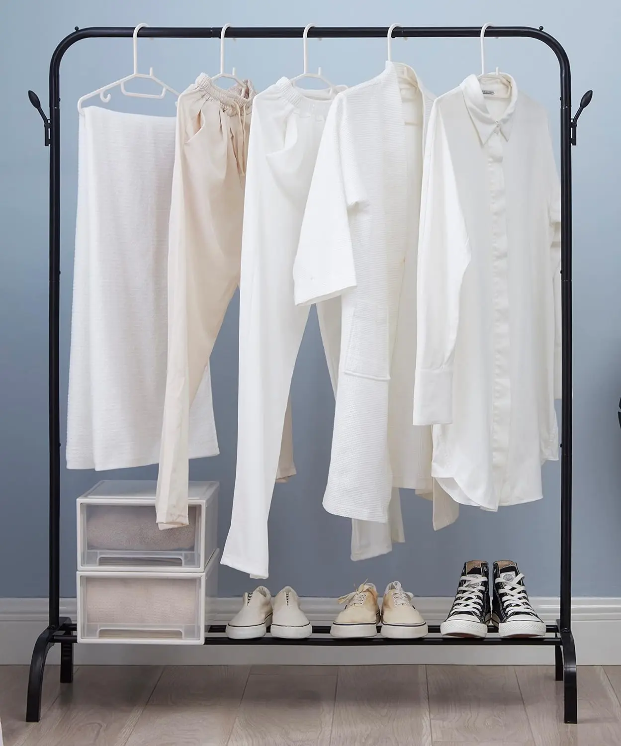 Black Garment Rack with Storage Shelves and Coat/Hat Hooks Indoor Freestanding Steel Clothes Rack for Bedroom or Living Room