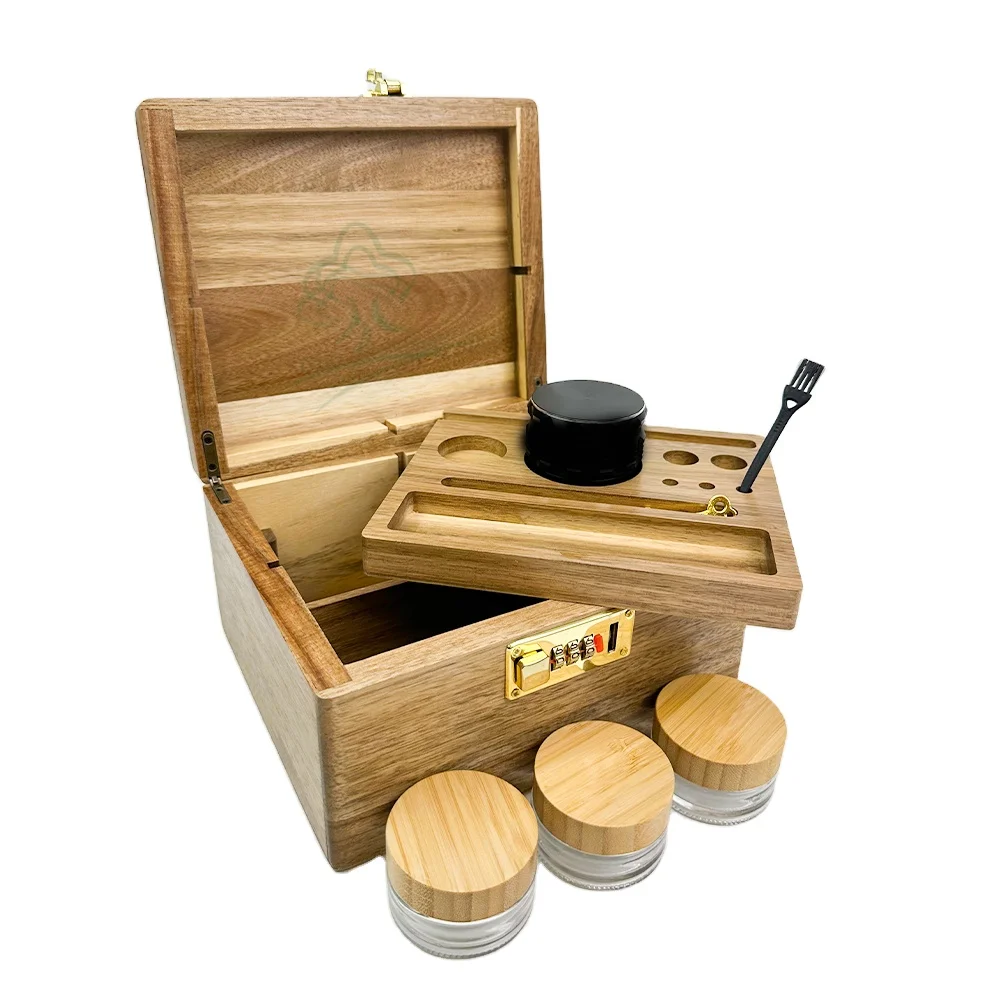 Luxury Gift Set Large Stash Box with Rolling Tray and Divider Management Space Wooden Storage Set with Lock for Storage Items