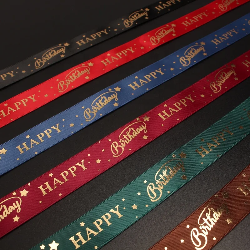 Midi Ribbons Custom Logo Names Roll Sale Double Faced Gold Foil Print Satin Organza Happy Birthday Gift Ribbon