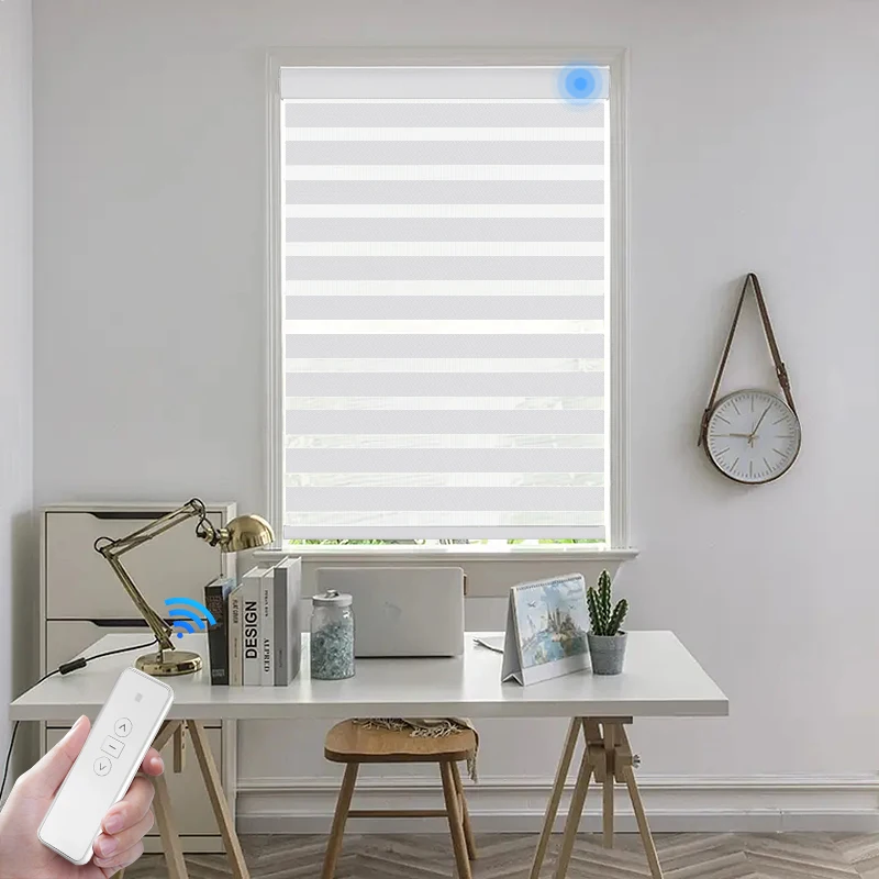 Electric dual window double roller shades zebra blinds shade automation wifi indoor battery operated motorized zebra blinds