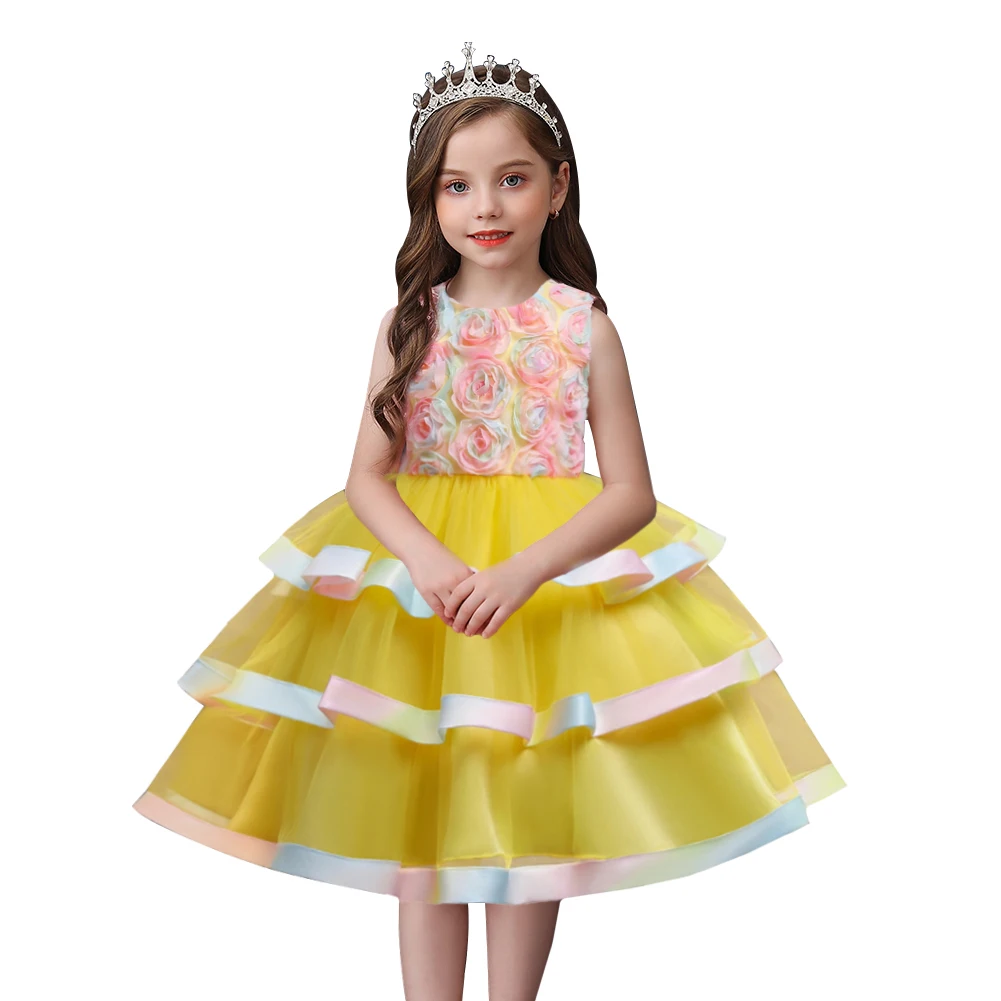 Exquisite Fluffy Pink Children Party Dress with Headwear Flower Dress for Girl 2-10 Year Tutu Dresses for Girls Wedding