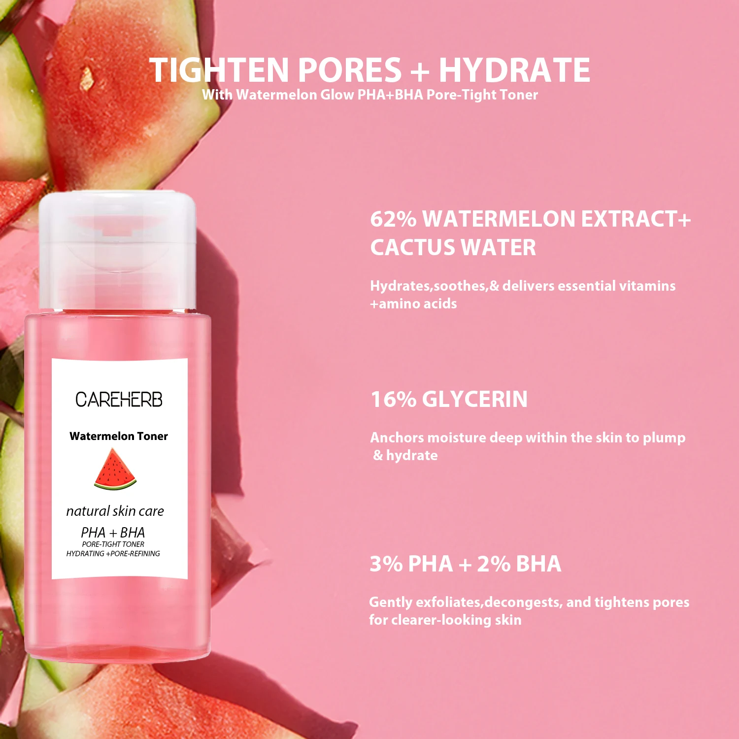 OEM Skin Care Pore Minimizer Exfoliating Hydrating Brightening PHA BHA Watermelon Glow Facial Toner