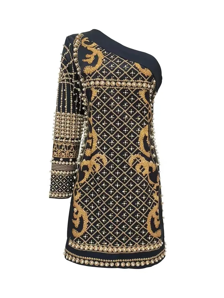Luxury English Heavy Beaded Dress Women Fashion Retro Long sleeve One Shoulder Print Pearl Sexy Mini Dresses