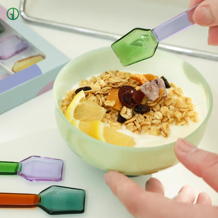 Custom Colorful borosilicate glass Yogurt Green Pink Reusable ice cream spoon long handle stirring coffee spoon dessert