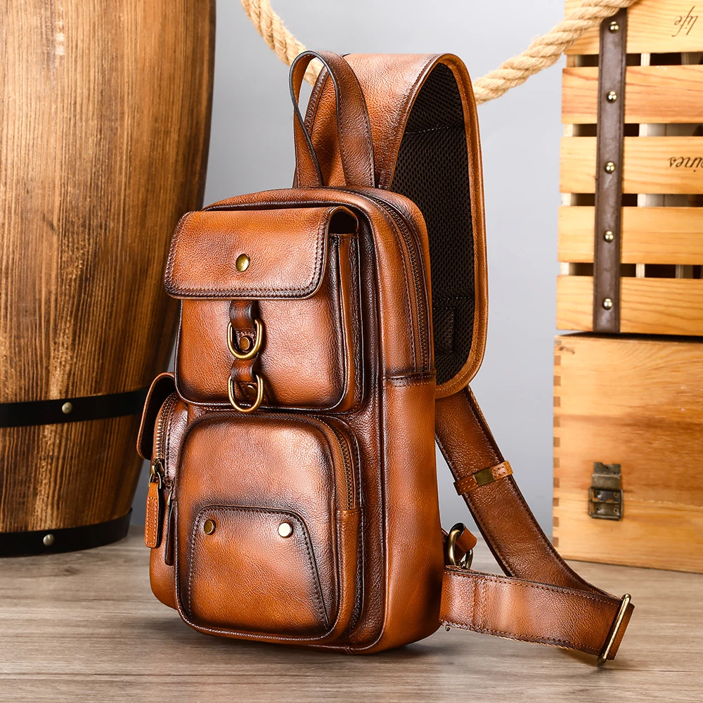 MARRANT Vintage Handmade Leather Travel Chest Bag Single Sling Backpack Shoulder Crossbody Bag Genuine Leather Chest Bag for Men